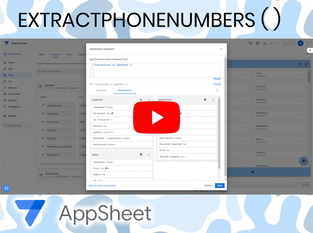AppSheet EXTRACTPHONENUMBERS Expresiones Formulas TailorSheet